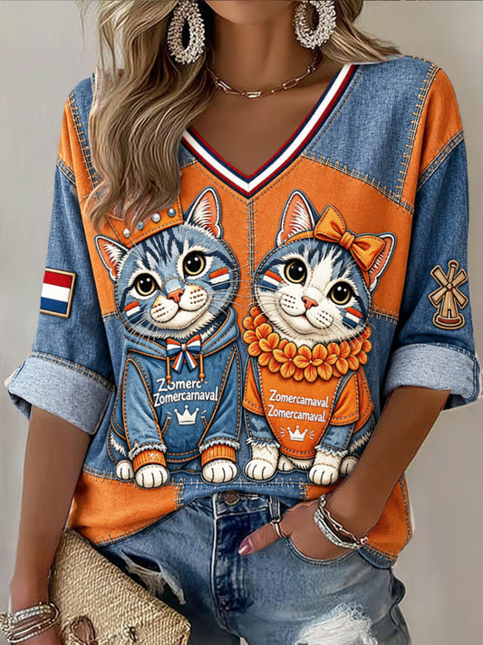 Dames Nederlands Zomercarnaval schattig kattenprint patchwork casual T-shirt met V-hals
