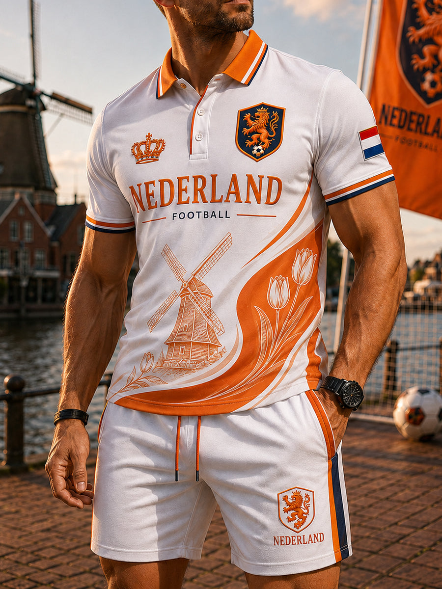 Mannen voetbal leeuwenprint sportief poloshirt met korte mouwen set