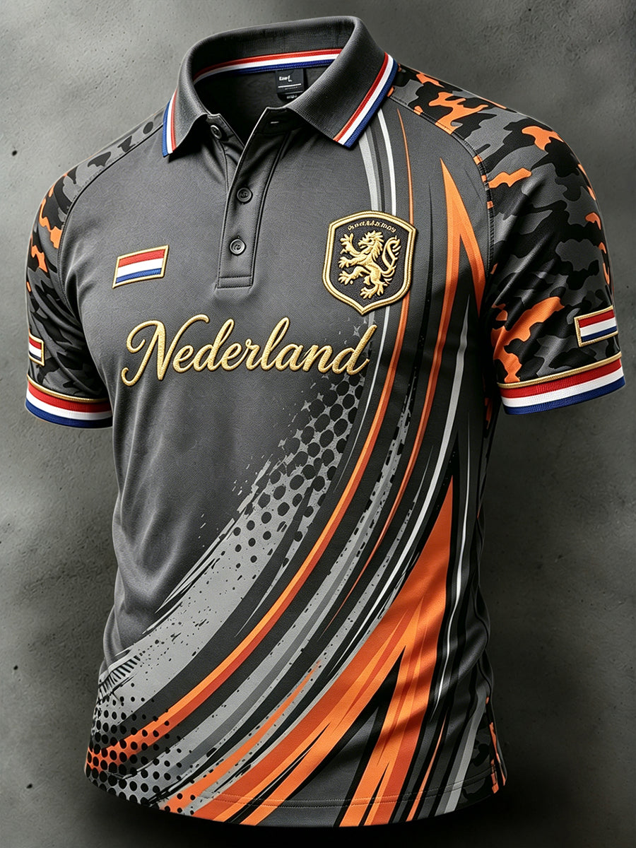 Donkergrijs casual poloshirt voor heren met Nederlandse voetbalprint