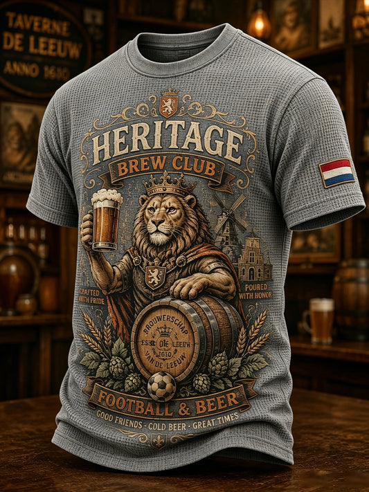 Herenretro wafeltop met leeuwen- en taverneprint en korte mouwen
