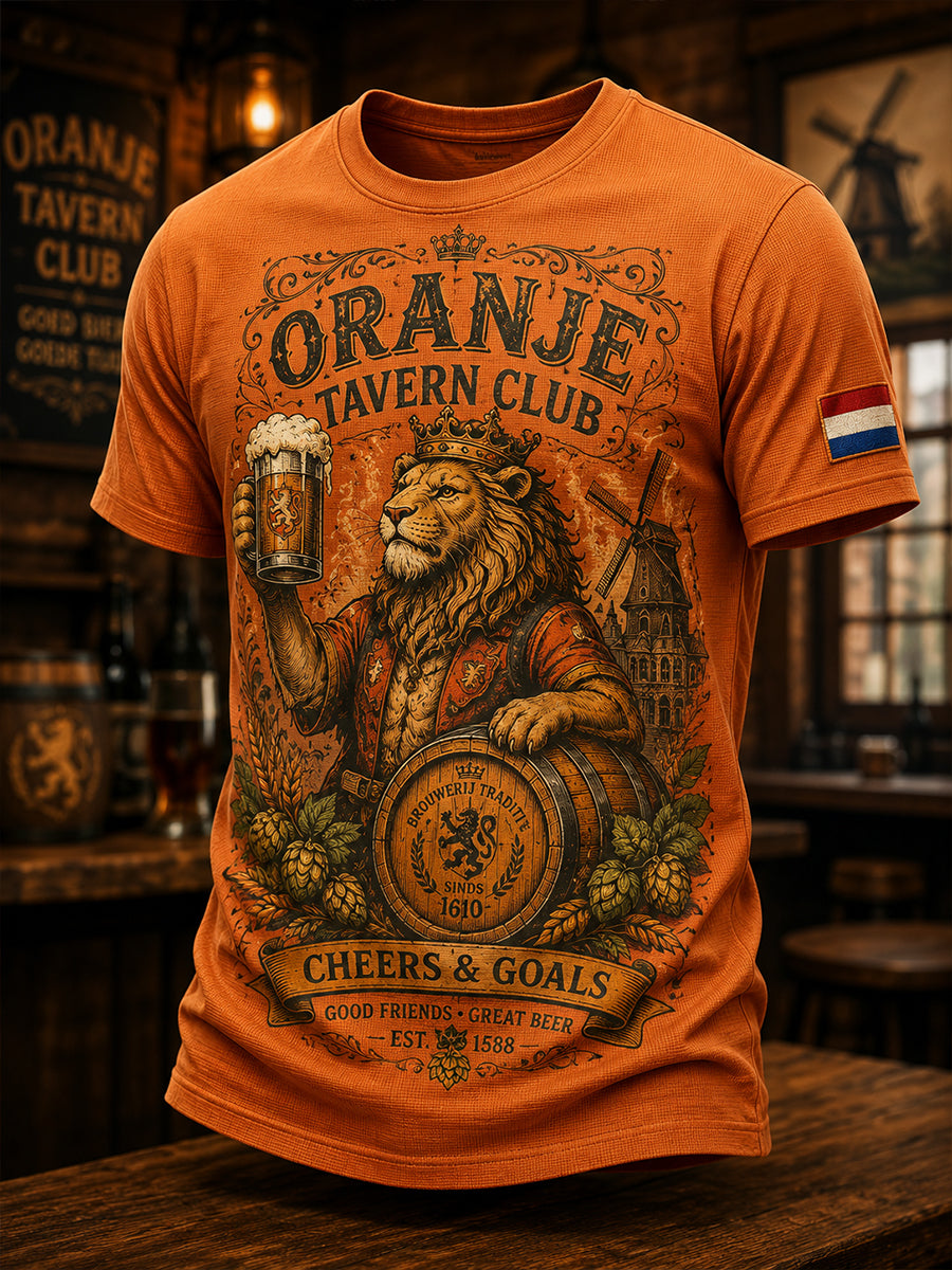 Herenretro t-shirt met leeuwen- en herbergprint en korte mouwen