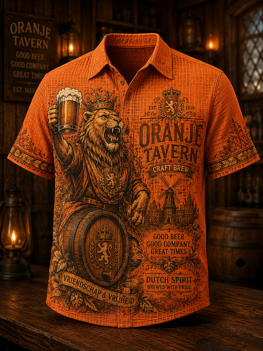Herenretro wafeloverhemd met leeuwen- en taverneprint en korte mouwen
