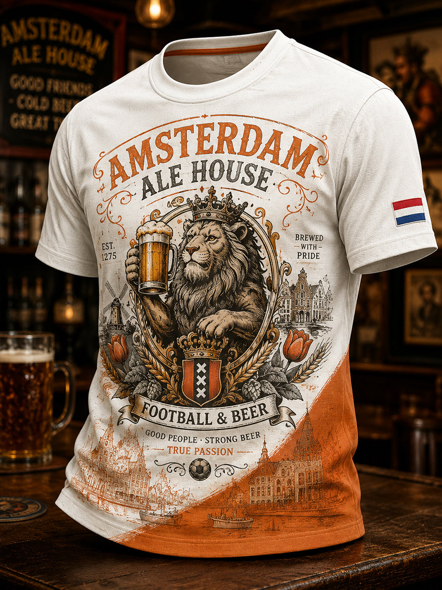 Herenretro t-shirt met leeuwen- en herbergprint en korte mouwen