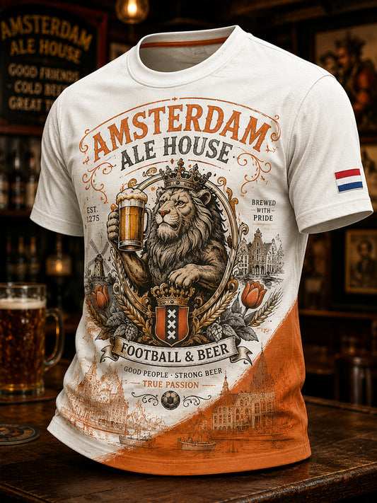 Herenretro t-shirt met leeuwen- en herbergprint en korte mouwen
