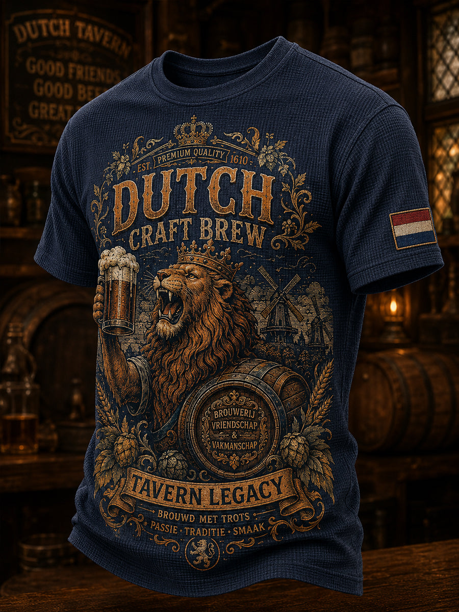 Herenretro wafeltop met leeuwen- en taverneprint en korte mouwen