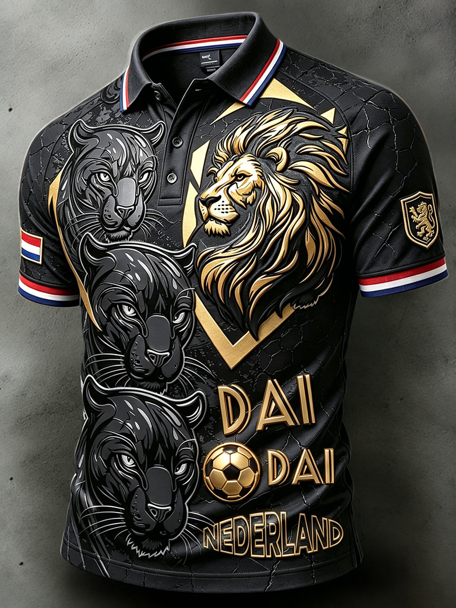 Heren Zwart 2026 Nederland Voetbal 3D-Gedrukt Casual Poloshirt