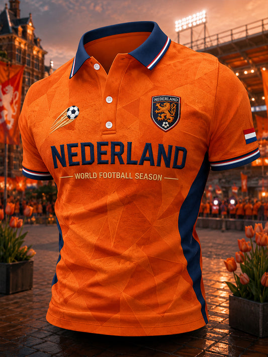 Herenpoloshirt met korte mouwen en print van een leeuw en een voetbal