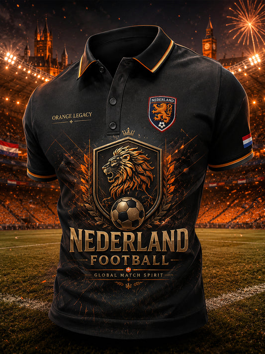 Herenpoloshirt met korte mouwen en print van een leeuw en een voetbal