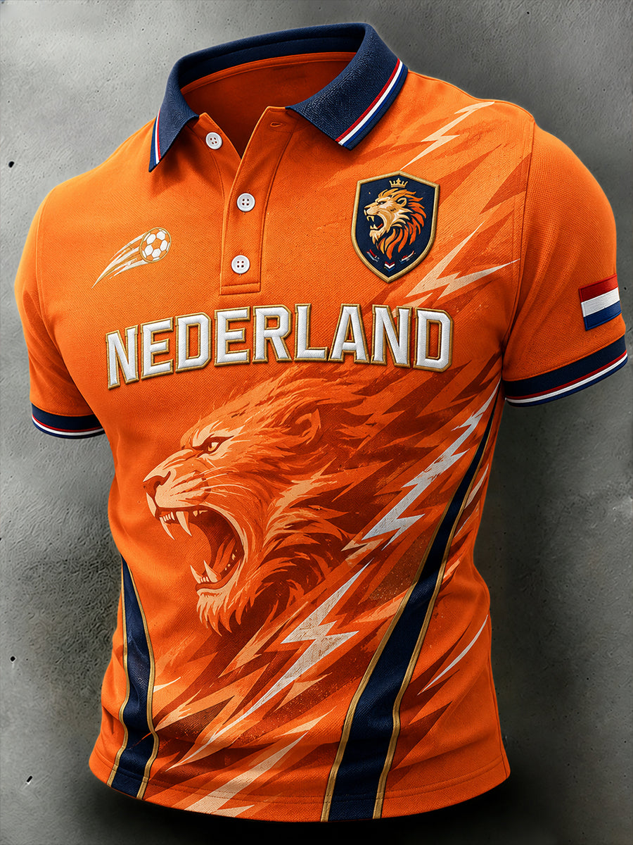 Herenpoloshirt met korte mouwen en print van een leeuw en een voetbal