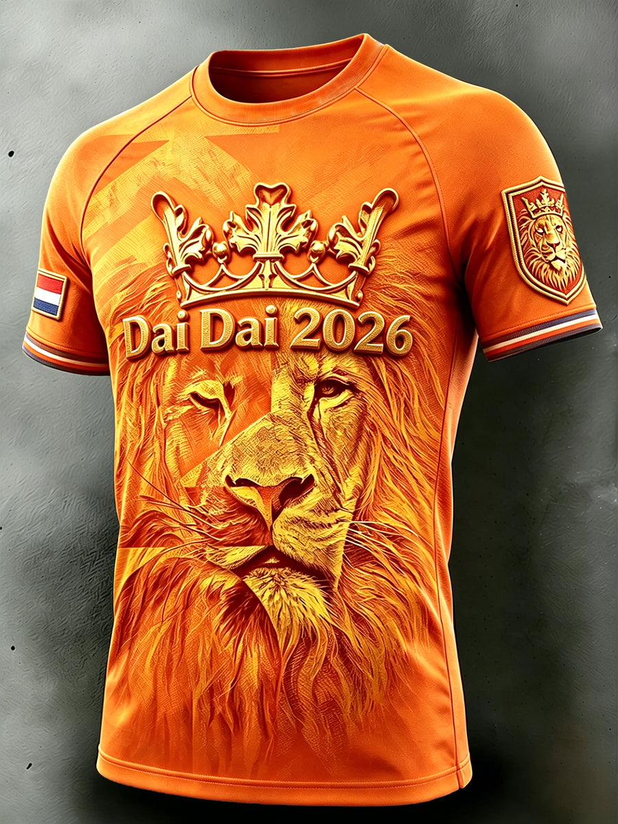 Heren T-shirt met 3D-print, vrijetijdshemd met afhangende schouders, voetbalthema Holland Lions 2026