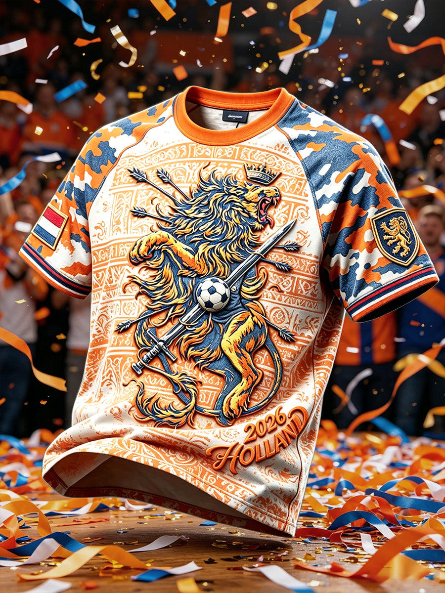 Heren Nederlands Lions voetbal 2026 patchworkprint casual T-shirt