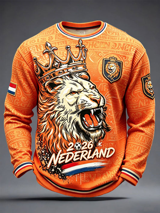 Oranje voetbal-T-shirt voor heren met Nederlandse leeuw en print, 2026, casual langemouwenoverhemd