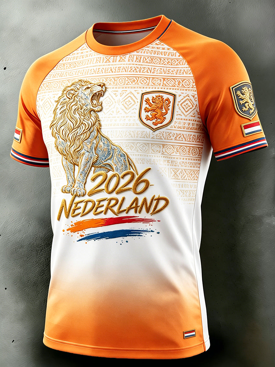 Heren-Dutch Lion 2026 voetbalgradiëntprint casual t-shirt met vrije schouders