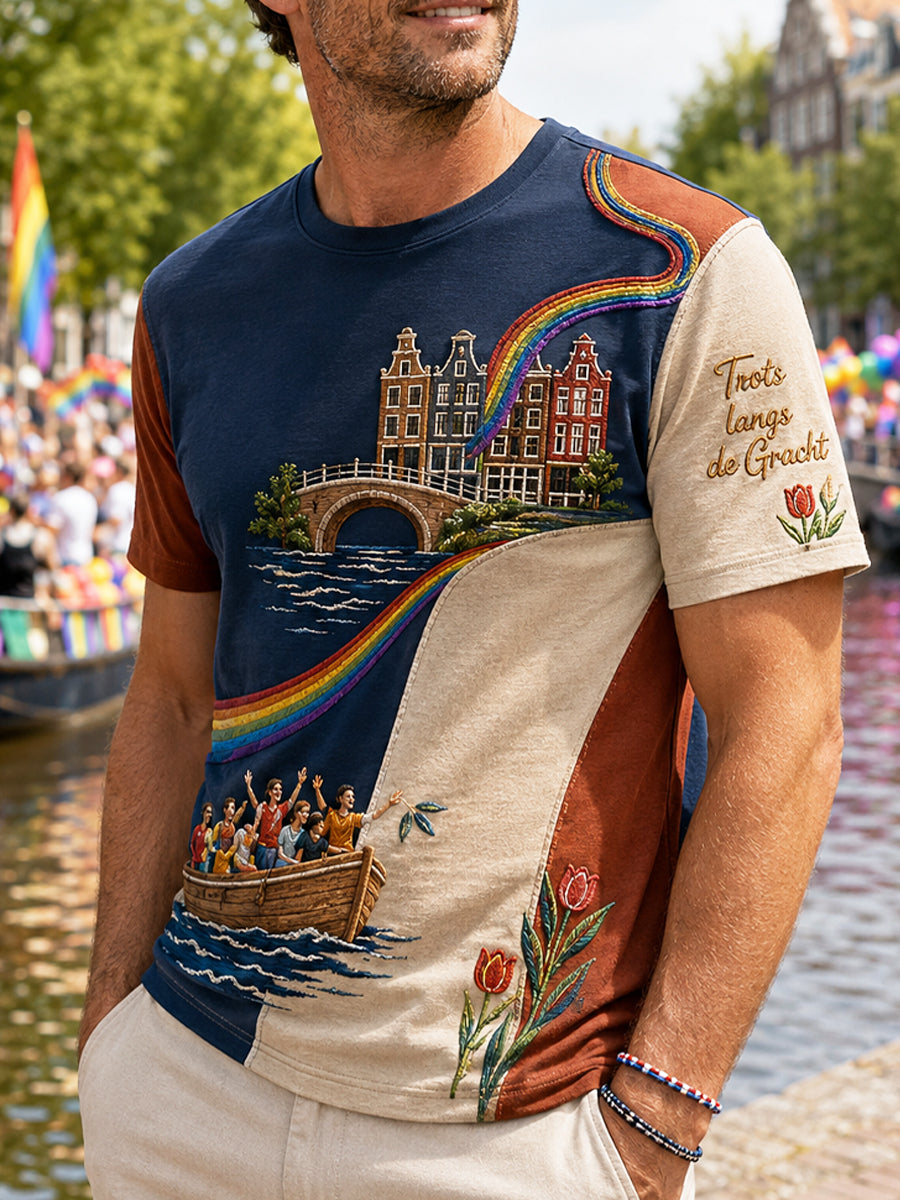 Retro Nederlandse Pride Geometrische Patchwork T-shirt voor heren