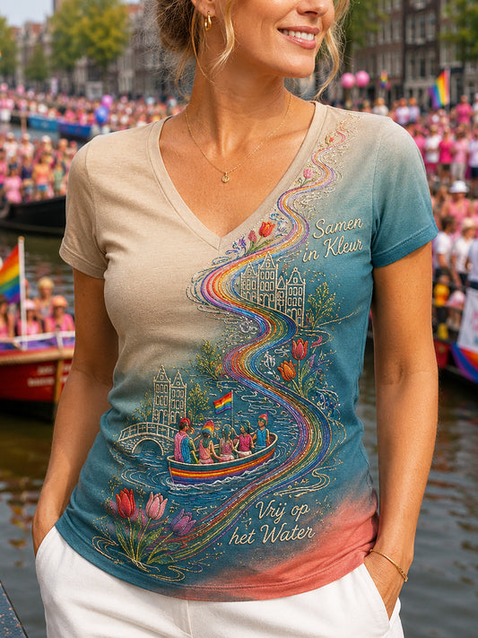Retro Nederlandse Pride V-hals met gradiënt T-shirt voor dames