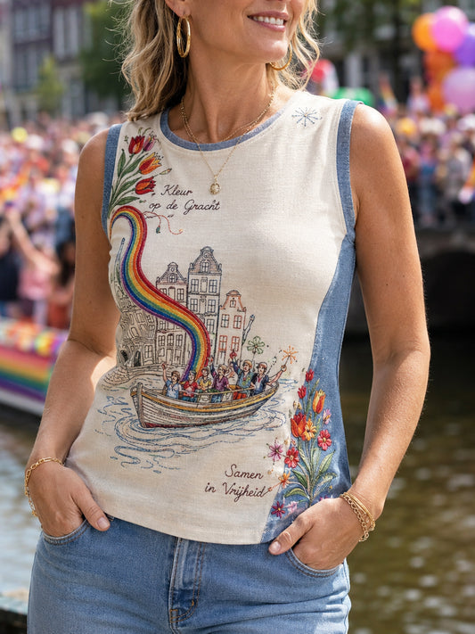Retro Nederlandse Pride Regenboog Bloemenkunst T-shirt voor dames