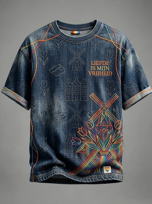 Unisex Nederlandse Trots Kleurrijke Lijn Kunst Casual T-shirt