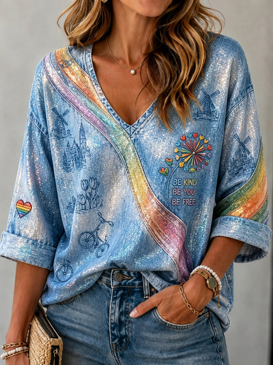 Retro Nederlandse Pride Line Art Casual V-hals top voor dames