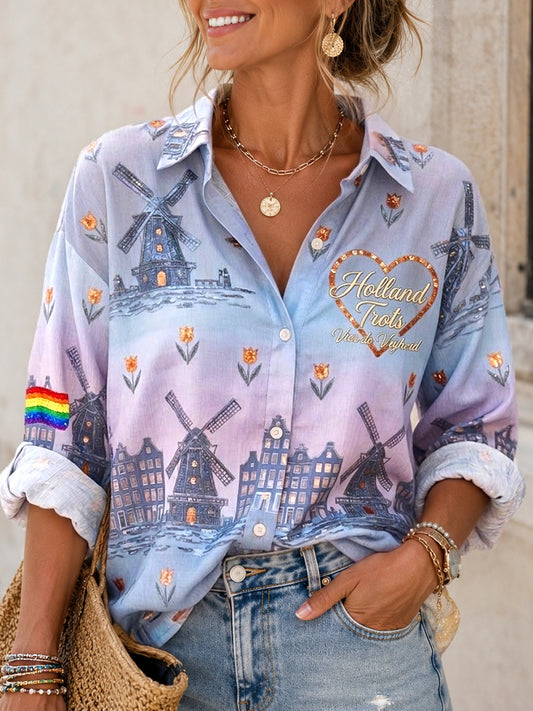 Retro Nederlands Pride Festival Gradiënt Art Casual shirt voor dames