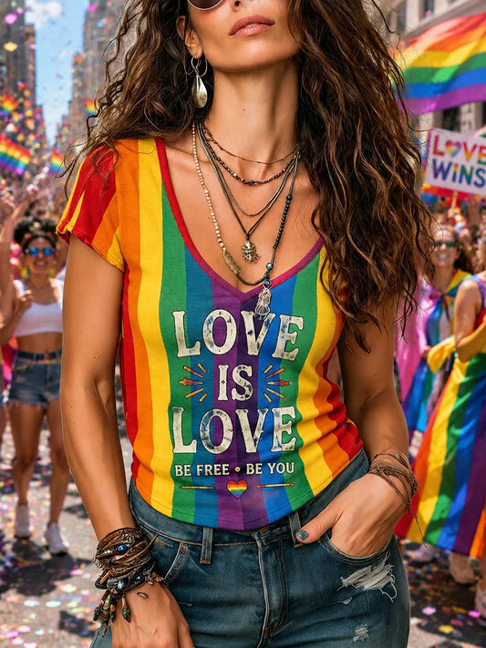 Dames-Lgbt-regenboogprint top met V-hals en korte mouwen