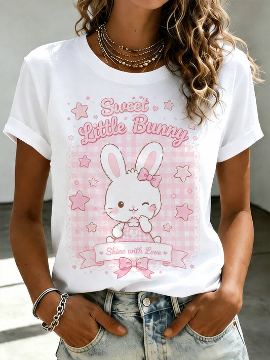 Leuke Bunny Print T-shirt met korte mouwen voor vrouwen