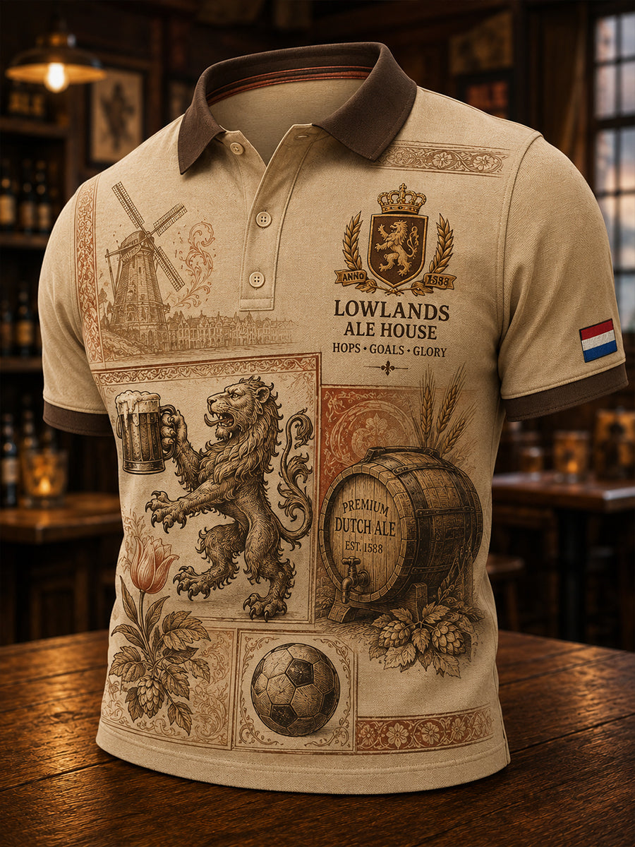 Herenpolo met korte mouwen en retroafbeelding van een leeuw in een taverne