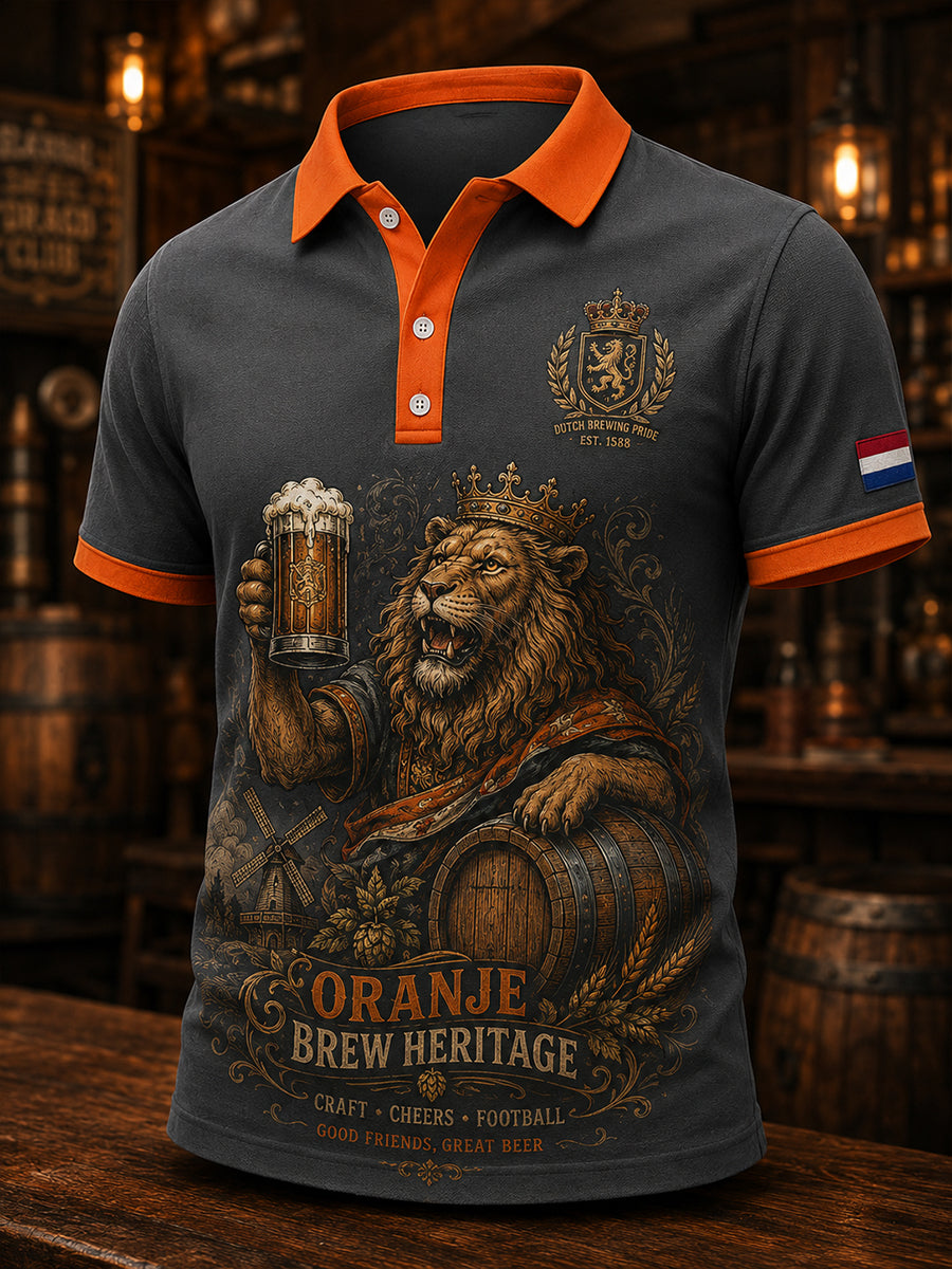 Herenpolo met korte mouwen en retroafbeelding van een leeuw in een taverne