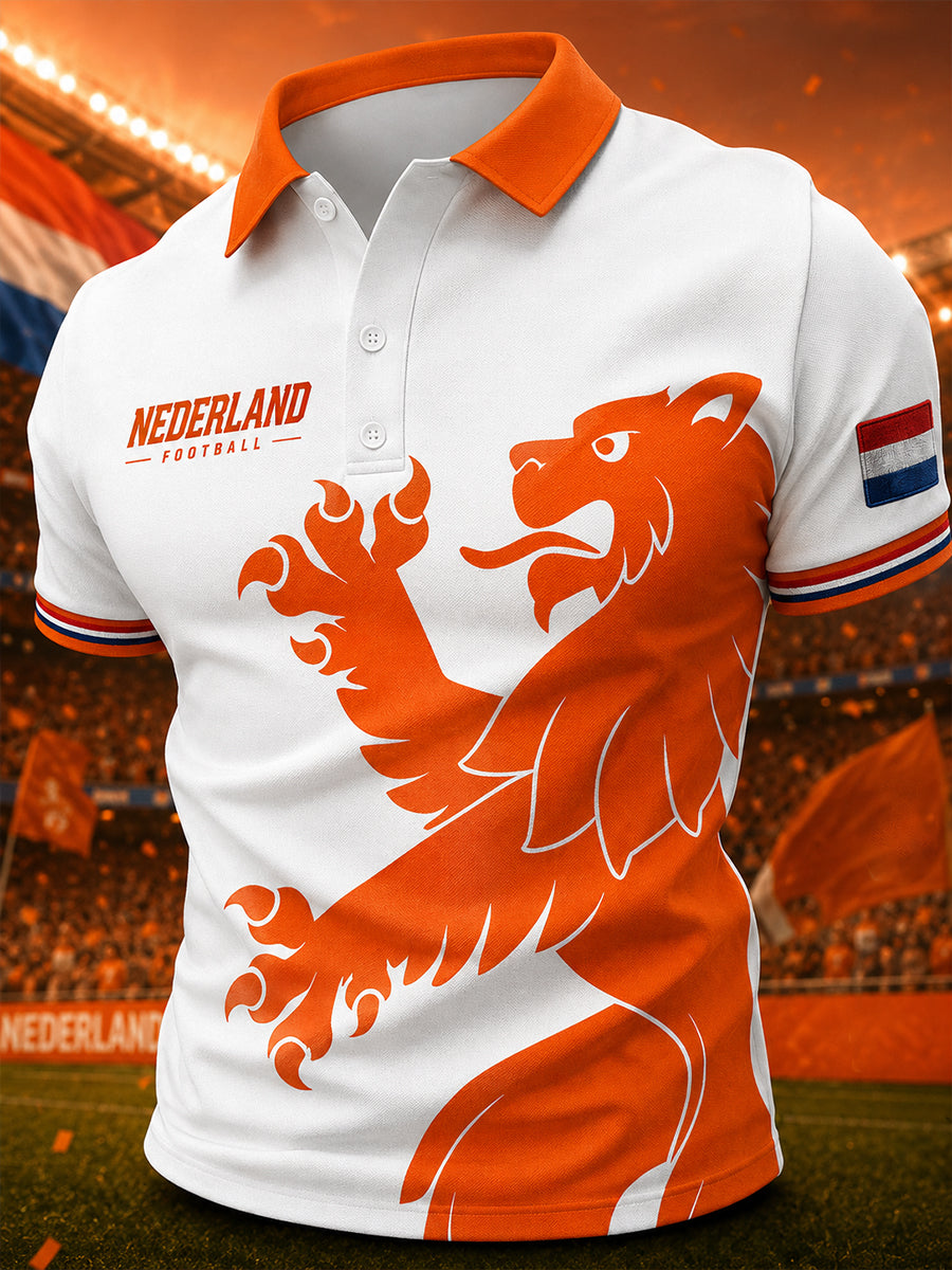 Herenpolo met korte mouwen en retro voetbalprint met leeuw