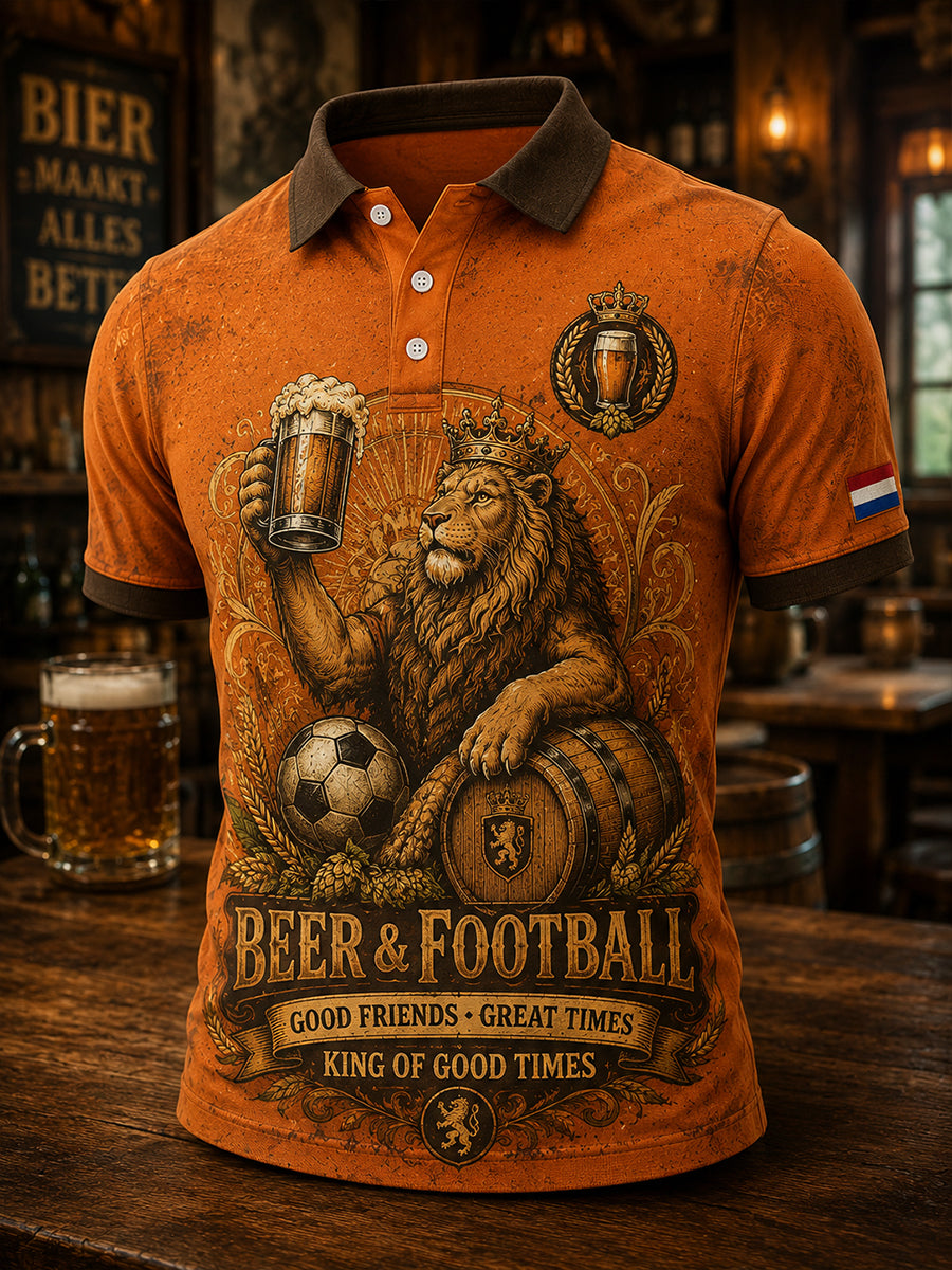 Herenpolo met korte mouwen en retroafbeelding van een leeuw in een taverne
