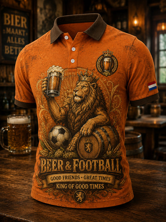 Herenpolo met korte mouwen en retroafbeelding van een leeuw in een taverne