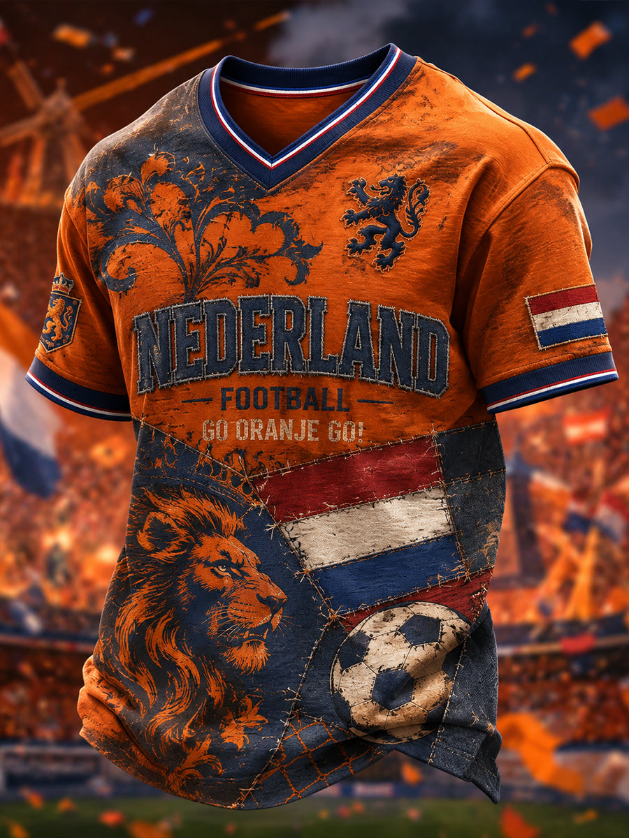 Heren T-shirt met retro voetbalprint en korte mouwen met leeuwenmotief