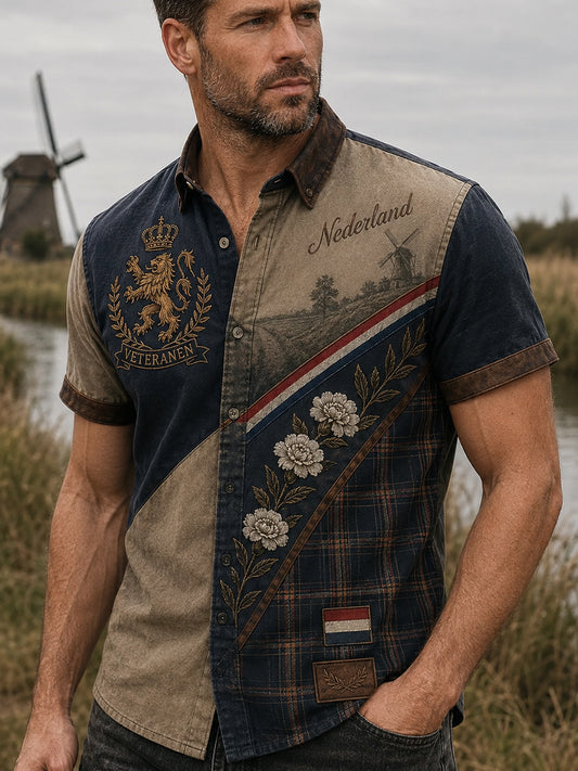 Herenshirt met korte mouwen en herdenkingsprintelementen voor veteranen