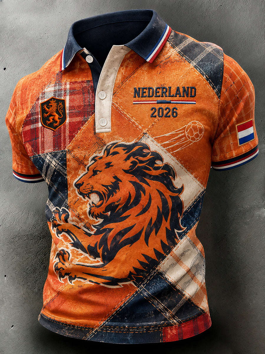 Herenpoloshirt met korte mouwen en voetbalprint