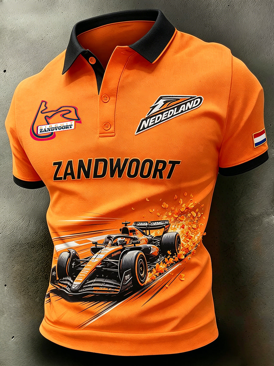 Herenracethema-bedrukt poloshirt met korte mouwen