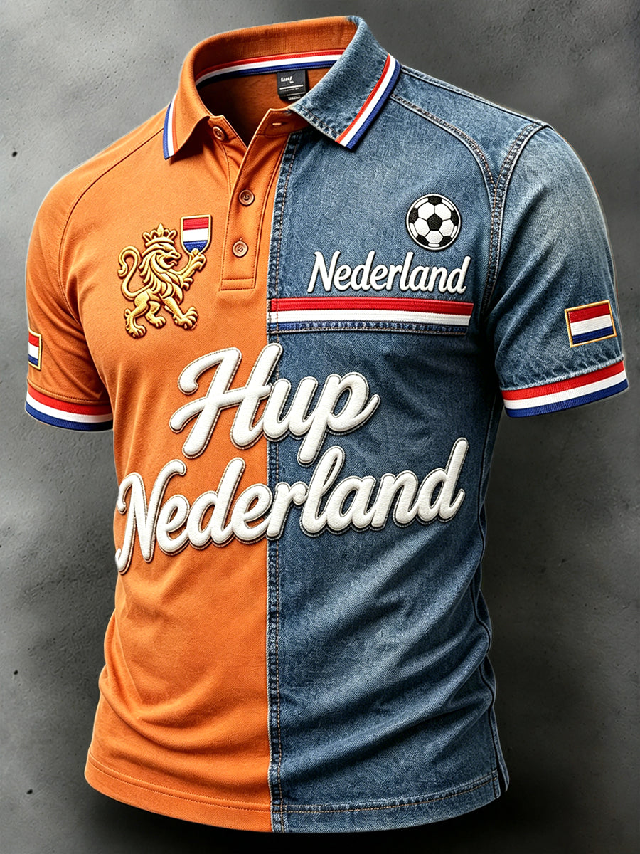 Nederlands voetbal patchwork print casual schouderpoloshirt