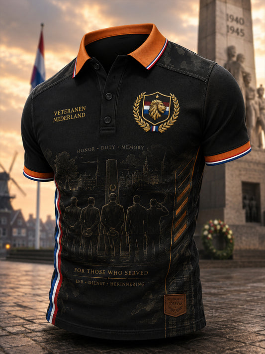 Heren retro veteraan print poloshirt met korte mouwen