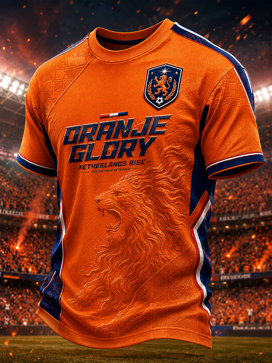 Heren T-shirt met korte mouwen met leeuw en voetbalprint