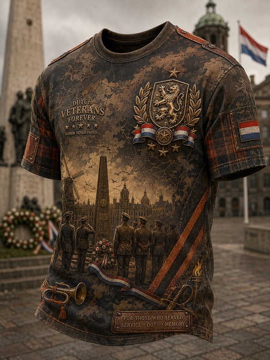 Heren Retro Veteraan Print T-shirt met korte mouwen