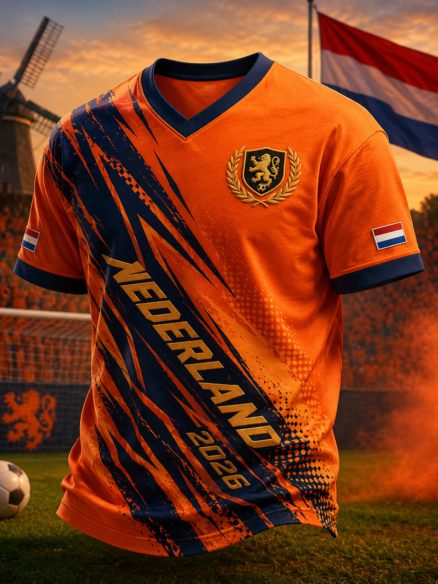 Heren leeuwen voetbalprint met V-hals en korte mouwen