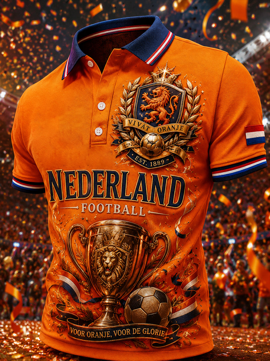 Herenpoloshirt met korte mouwen en print van een leeuw en een voetbal