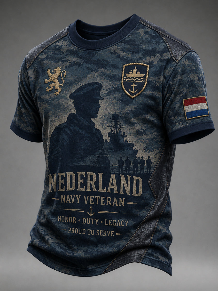 Heren T-shirt met korte mouwen in retrocamouflagestijl en veteranelementen