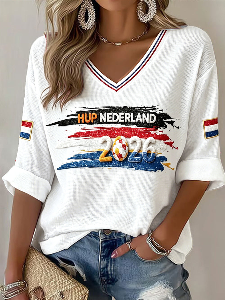 Wit dames-T-shirt met Nederlandse voetbalprint, vrijetijdshemd met wafelpatroon en V-hals