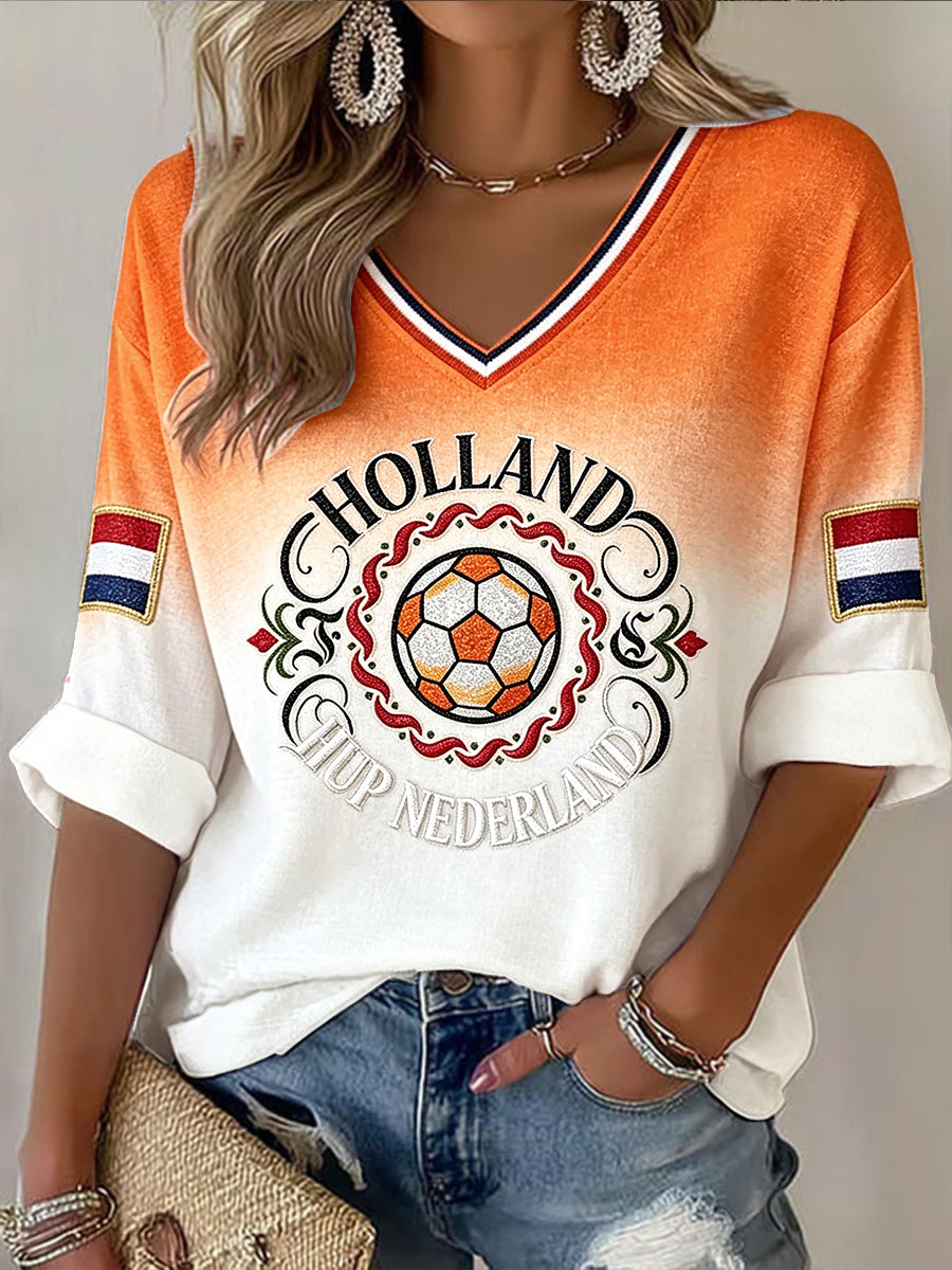 Wit dames-T-shirt met Nederlandse voetbalprint, vrijetijdshemd met wafelpatroon en V-hals