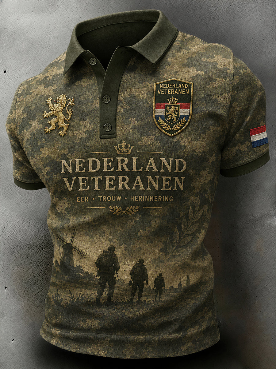 Herenpolo met korte mouwen in retrocamouflage, met veteranelementen en print