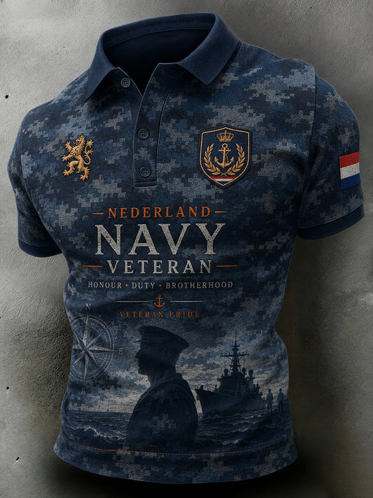 Herenpolo met korte mouwen in retrocamouflage, met veteranelementen en print