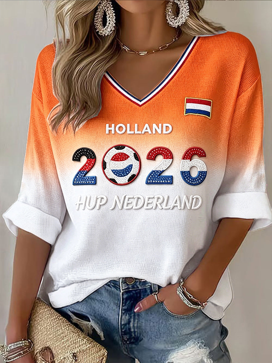 Damesvoetbal Nederland 2026 bedrukt casual wafelgeweven T-shirt met V-hals