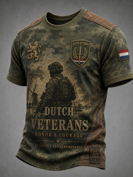 Heren T-shirt met korte mouwen in retrocamouflagestijl en veteranelementen