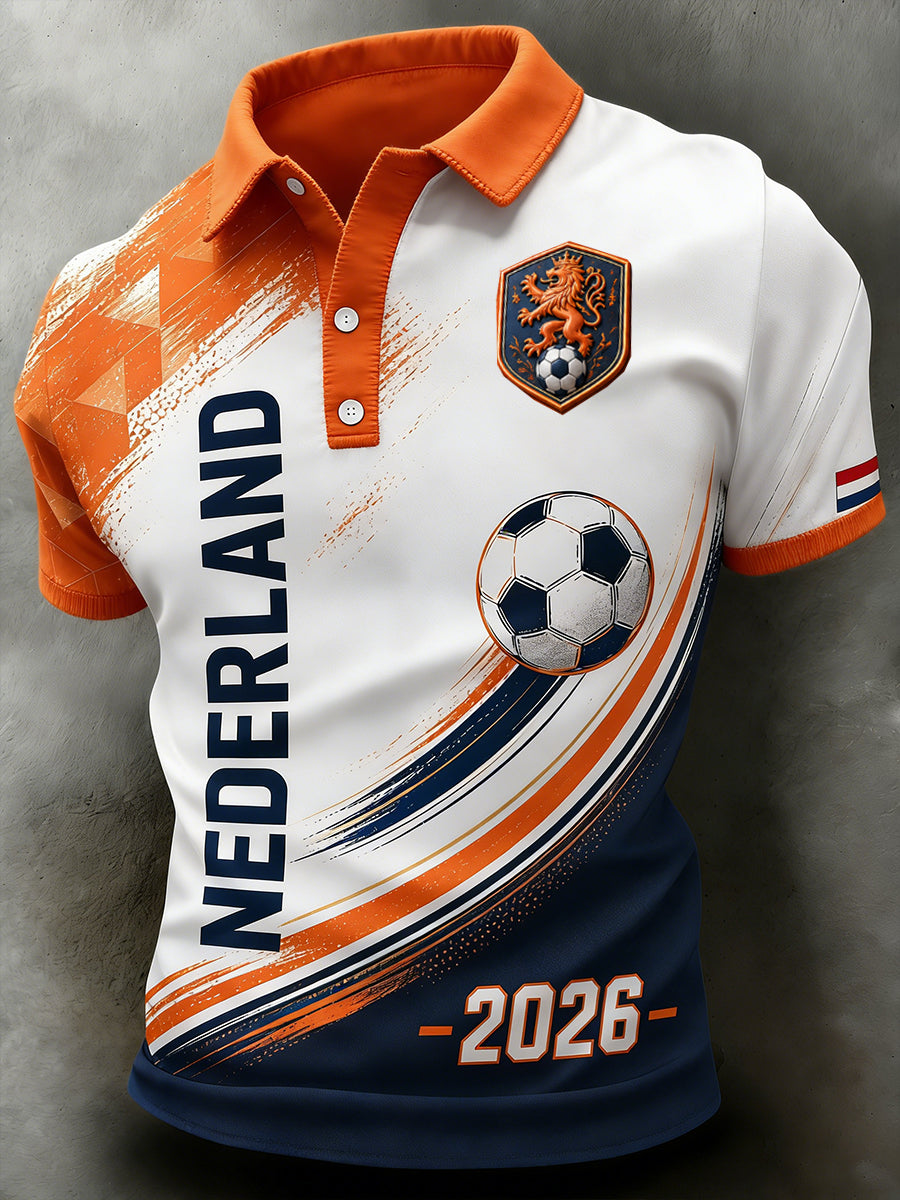 Herenpoloshirt met korte mouwen en voetbalprint