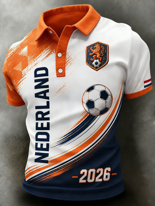 Herenpoloshirt met korte mouwen en voetbalprint
