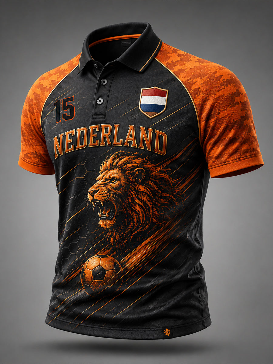 Herenpoloshirt met korte mouwen en print van een leeuw en voetbal